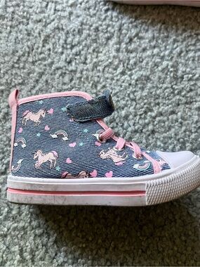 Girls High Top Sneaker Unicorn Animal Print Hook & Loop Navy Pink US 7